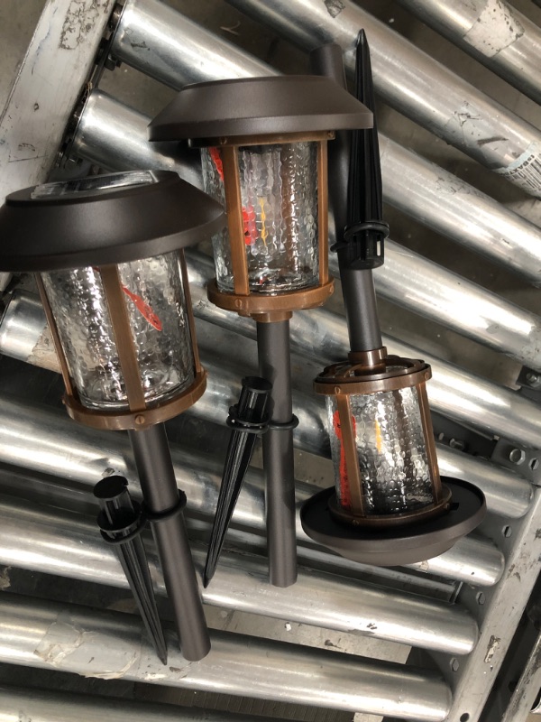 Photo 1 of 3 pack***
Solar Bronze and Warm Wood LED Path Light 14 Lumens with Ice Glass Lens and Vintage Bulb 2-Tone