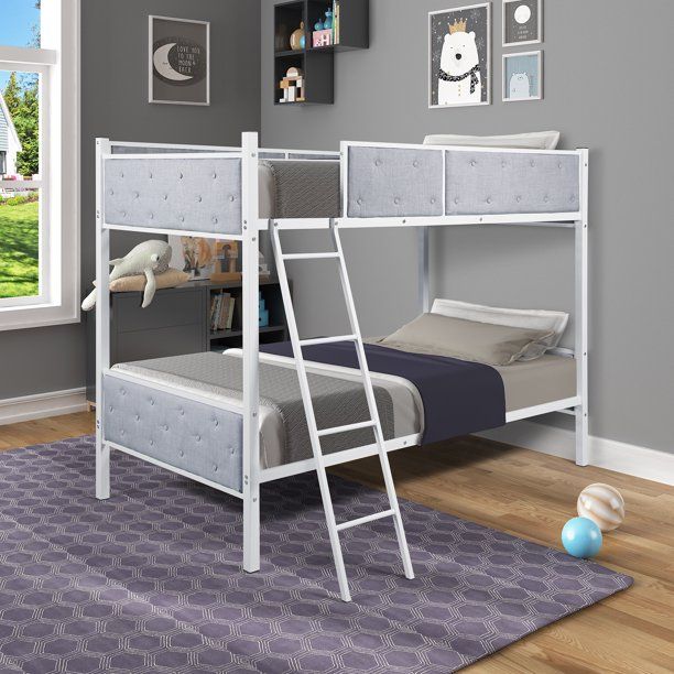 Photo 1 of ***INCOMPLETE BOX 1 of 2***
JUMPER Metal Bed Frame Twin over Twin Bunk Bed with Upholstered Safety Rail and Ladders, Light Gray
