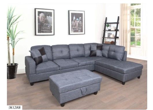Photo 1 of ***INCOMPLETE BOX 1 OF 2***
MEGA Furnishing 3 PC Sectional Sofa Set, Gray Linen Lift -Facing Chaise with Free Storage Ottoman
