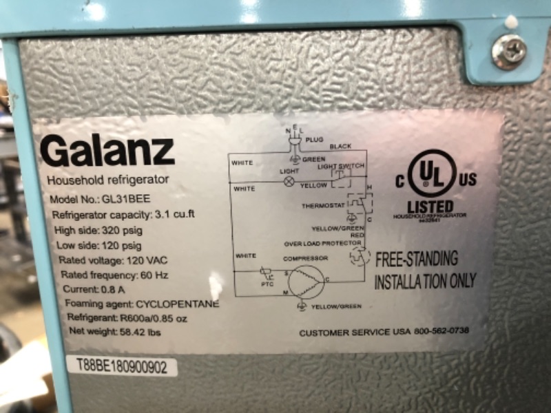 Photo 5 of NOT FUNCTIONAL: Galanz GLR31TBEER Retro Compact Refrigerator, Mini Fridge with Dual Doors, Adjustable Mechanical Thermostat with True Freezer, 3.1 Cu FT, Blue 19.17"D x 23.31"W x 35.16"H

