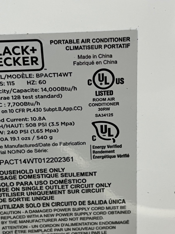 Photo 8 of BLACK+DECKER 14,000 BTU Portable Air Conditioner with Remote Control, White
