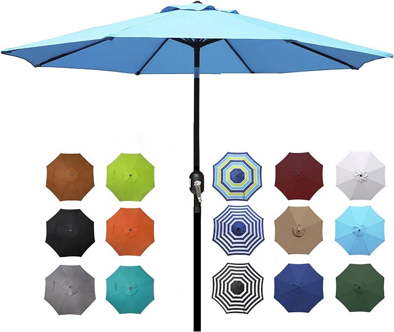 Photo 1 of Blissun 9' Outdoor Aluminum Patio Umbrella, Market Striped Umbrella with Push Button Tilt and Crank (Light Blue)
