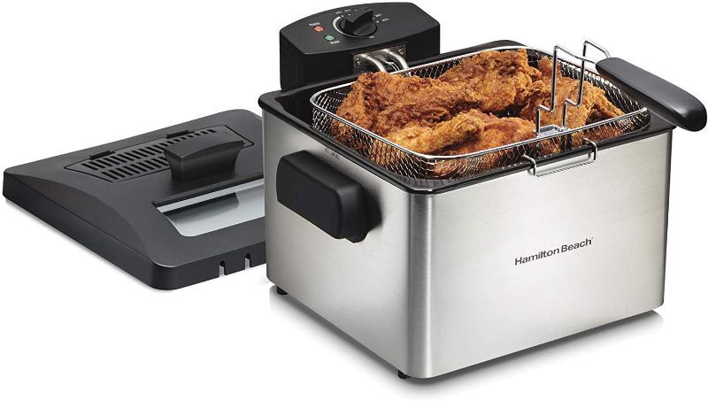 Photo 1 of Hamilton Beach 35042 Professional Grade Electric Deep Fryer, XL Frying Basket, Lid with View Window, 1800 Watts, 21 Cups / 5 Liters Oil Capacity, Stainless Steel
