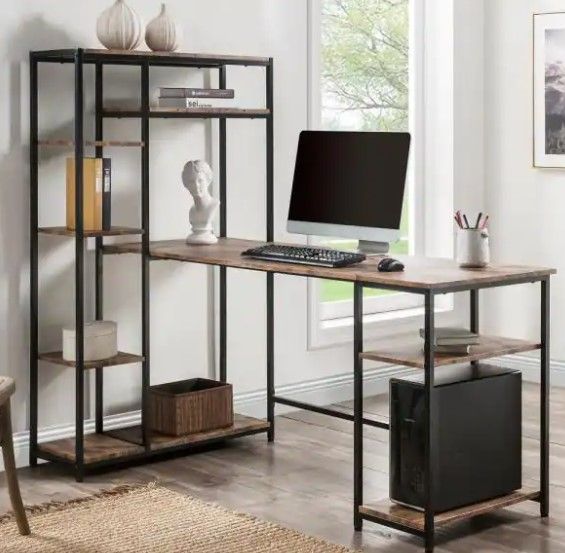 Photo 1 of 63 in. Brown Large Office Computer Writing Desk with Bookshelf and Storage Space
