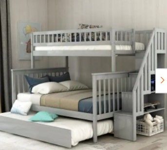 Photo 1 of (INCOMPLETE)
(BOX3OF3)
(REQUIRES BOX1&2 FOR COMPLETION)
Gray Twin Over Full Bunk Bed with Trundle and Stairs for Kids
