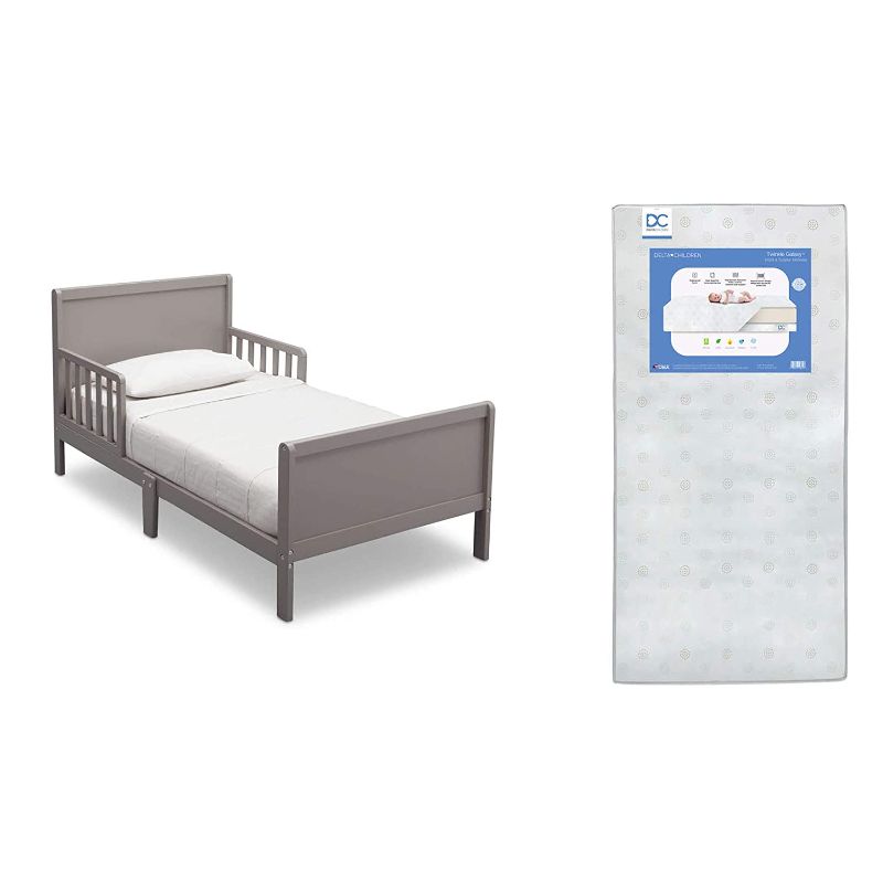 Photo 1 of 
Delta Children Fancy Toddler Bed, Grey + Delta Children Twinkle Galaxy Dual Sided Recycled Fiber Core Crib and Toddler Mattress (Bundle)
