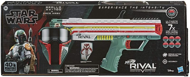 Photo 1 of NERF Rival Star Wars Apollo XV-700 Blaster, Face Mask, Boba Fett Insignia Patch, 7 Rival Rounds, Easy-Load Magazine
