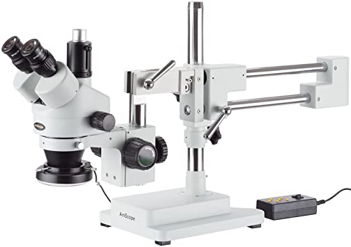 Photo 1 of AmScope SM-4TZ-144A Professional Trinocular Stereo Zoom Microscope, WH10x Eyepieces, 3.5X-90X Magnification, 0.7X-4.5X Zoom Objective, Four-Zone LED Ring Light, Double-Arm Boom Stand, 110V-240V, Includes 0.5X and 2.0X Barlow Lens
