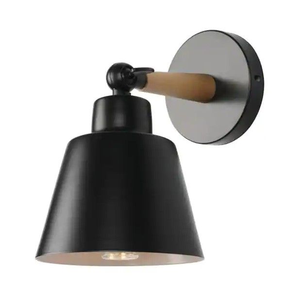 Photo 1 of 1-Light Black Wooden Handle Swing Arm Wall Lamp Hardwired Wall Sconces Adjustable

