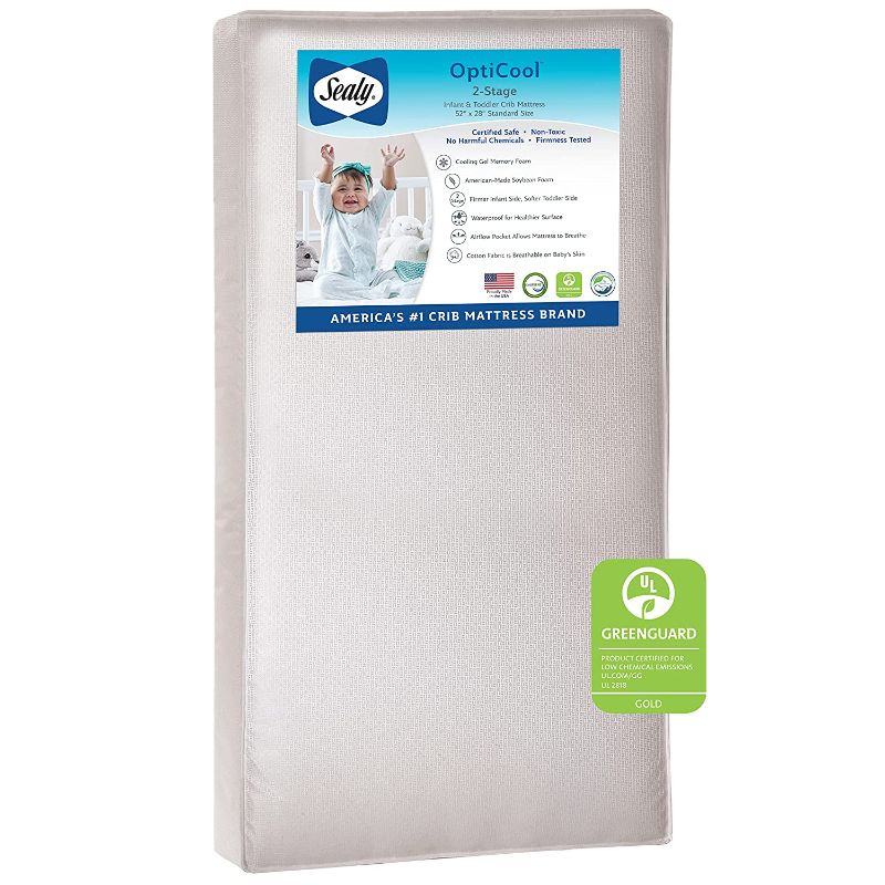 Photo 1 of Sealy Baby OptiCool 2-Stage Dual Firmness Waterproof Standard Toddler & Baby Crib Mattress - Lightweight Soybean Cool Gel Memory Foam, 51.7” x 27.3"
