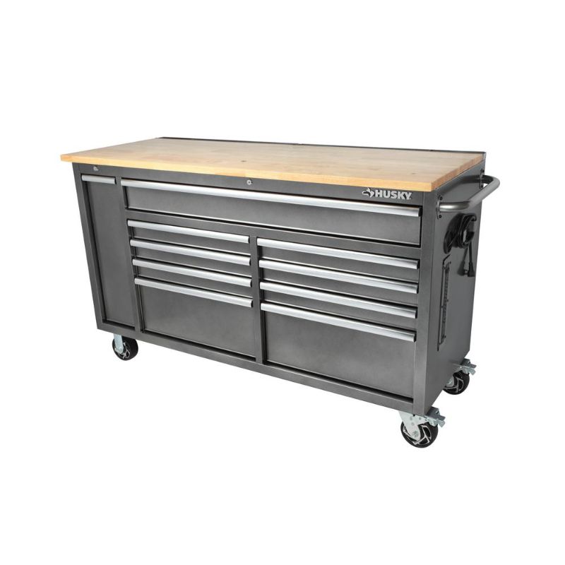 Photo 1 of *minor dents on side panel of chest , wooden top is loose**
Husky 61 in. W 10-Drawer, Deep Tool Chest Mobile Workbench in Metallic Silver with Sliding Vertical Bin Storage Drawer
