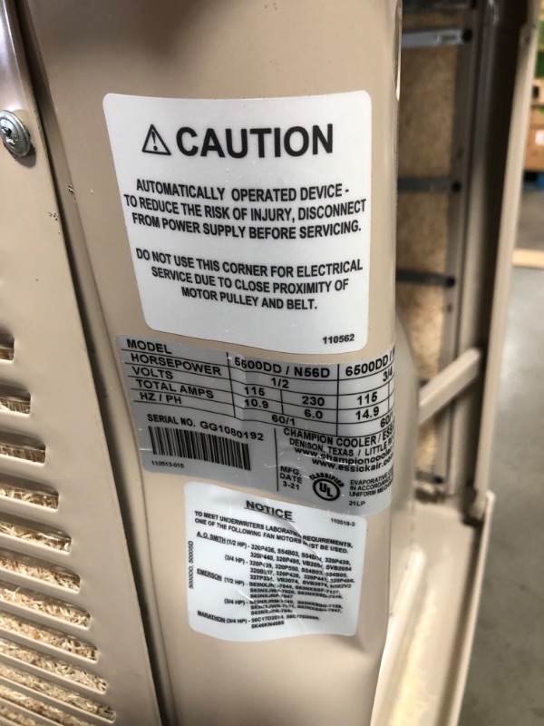 Photo 12 of (;MULTIPLE DENTS; MISSING DOOR HARDWARE; HUMM SOUND WHEN POWERED ON)
Champion Cooler 6500 CFM Down-Draft Roof Evaporative Cooler for 2400 sq. ft. (Motor Not Included)