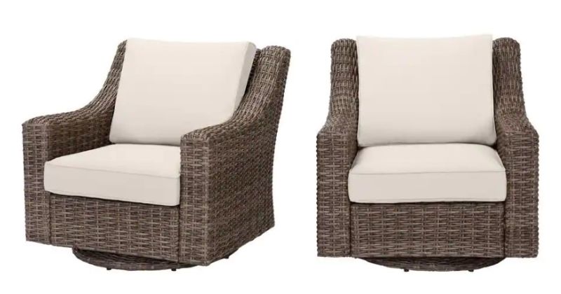 Photo 1 of (MAJOR DENTED SIDE AND DAMAGED WICKER TO SAME COMPONENT)
Hampton Bay Rock Cliff Brown Wicker Outdoor Patio Swivel Rocking Chair with CushionGuard Almond Tan Cushions (2-Pack)