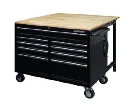 Photo 1 of (MISSING KEYS; MAJOR DAMAGE TO BASE/TOP) 
Husky 46 in.W x 51 in. D Standard Duty 9-Drawer Mobile Workbench with Solid Top Full Length Extension Table in Black