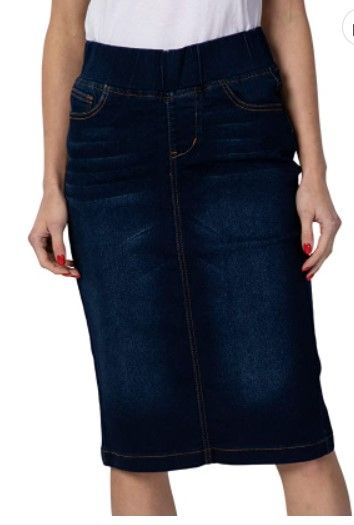 Photo 1 of GoModest Women's Mid-Length Casual Knee Length Denim Skirt, Updated Size, Dark Denim, Large 