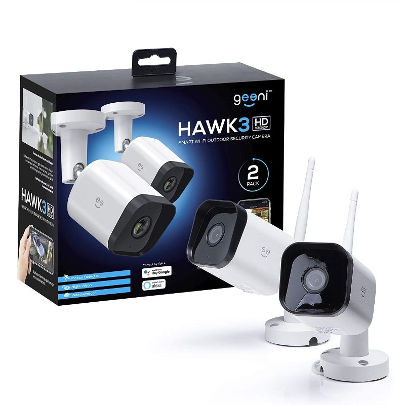 Photo 1 of Geeni HD Hawk 3 1080p Outdoor Security Camera, IP66 Weatherproof WiFi Surveillance with Night Vision and Motion Detection, Compatible with Alexa and Google Assistant, No Hub Required, 2 Pack