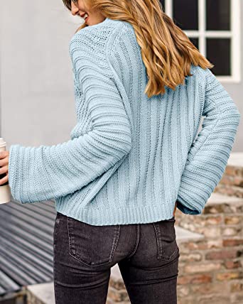 Photo 1 of BerryGo Chunky Cable Knit Sweaters Cropped Lantern Sleeve Oversized Loose Mock Neck Pullover Sweater
Color: Blue   Size:  XL