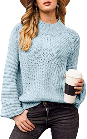 Photo 1 of BerryGo Chunky Cable Knit Sweaters Cropped Lantern Sleeve Oversized Loose Mock Neck Pullover Sweater
Color: Blue   Size:  XL