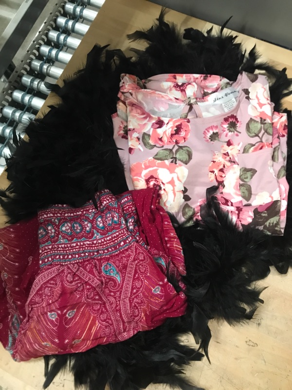 Photo 1 of bundle of  assorted  female clothing and accessories

1 black American Feathers boa
1 Women's top Star Vixen Size Med
1 Women's pant Lofbaz Size Med