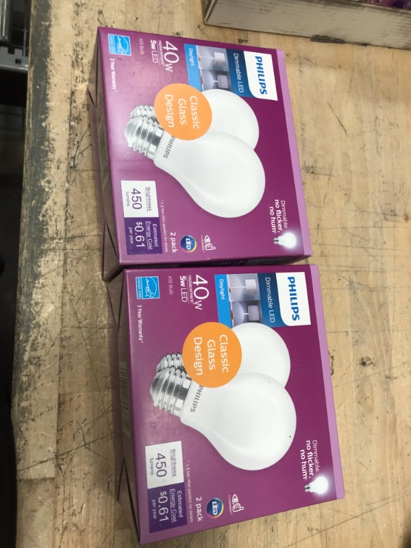 Photo 2 of 40-Watt Equivalent A19 Dimmable Energy Saving LED Light Bulb Frosted Glass Daylight (5000K) (2-Pack)
2 boxes