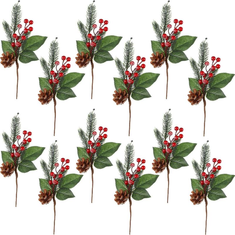 Photo 1 of 12 Pieces Pine Snowy Flower Picks Artificial Holly Red Berry Pine Cone Picks Fake Berries Pine Cones for Christmas Crafts Party Festive Home Decor 11 Inch Flexible Stems
(3 PACK) 