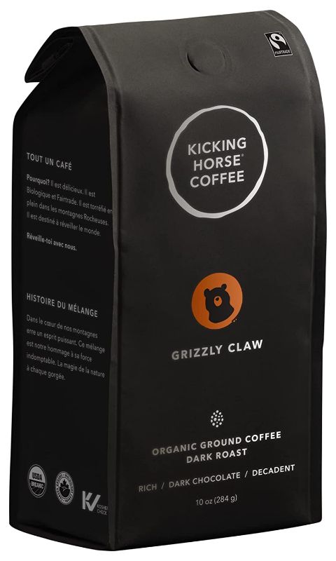 Photo 1 of **NONREFUNABLE**BEST BY: MAY 11, 2022**
Kicking Horse Coffee, Grizzly Claw, Dark Roast, Ground, 10 oz - Certified Organic, Fairtrade, Kosher Coffee
2 PACK