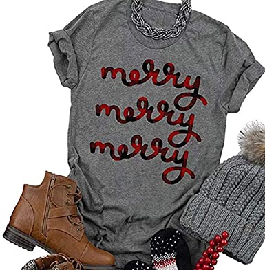 Photo 1 of Beopjesk Women's Buffalo Plaid Tees Casual Short Sleeve Merry Letter Printed Graphic Blouse Top-MEDIUM 
