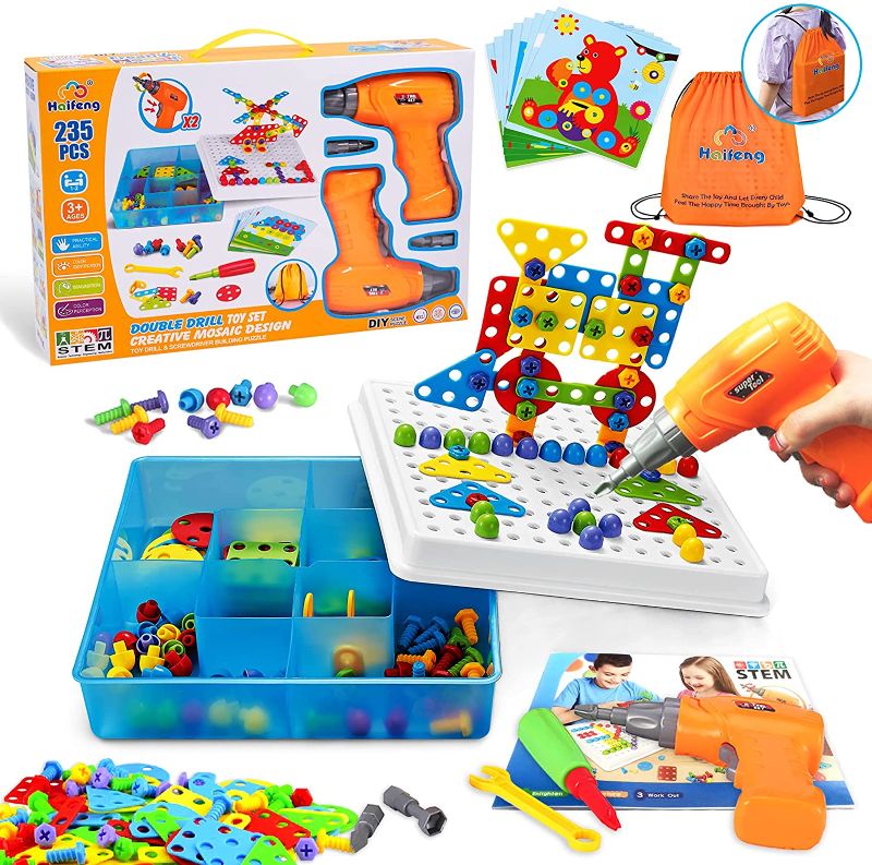 Photo 1 of Haifeng 235 Pieces Creative Mosaic Design Kit for Kids, Double Electric Drill and Screwdriver Tool Building Toys Set, STEM Activities for Kids Ages 4-6 5-7 6-8 Years Old
