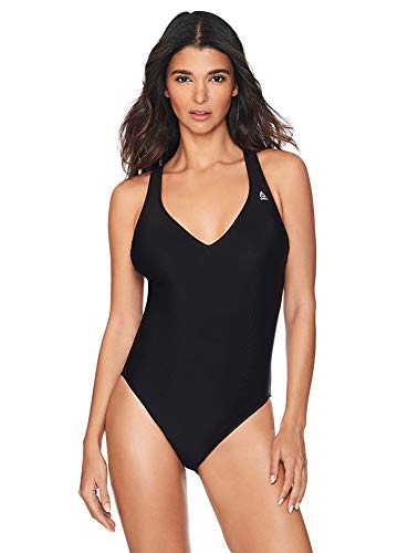 Photo 1 of Reebok Lifestyle Women's Swimwear Plunge V-Neckline One Piece Swimsuit, Black, Large
