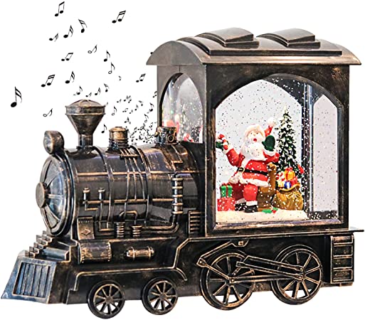 Photo 1 of GenSwin Music Lighted Train Snow Globe Lantern Water Snowing Glittering Battery Operated with Timer, Christmas Santa Claus Musical Lighted Home Decoration and Gift (Copper)