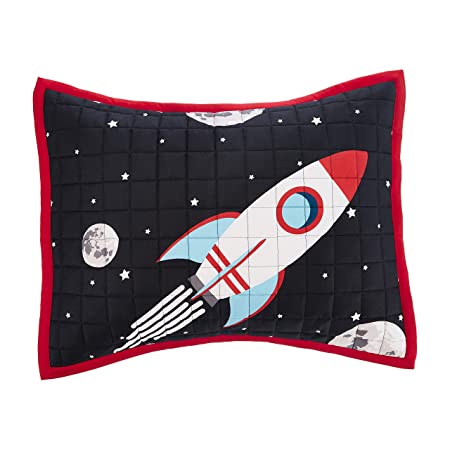 Photo 1 of Amazon Basics Kids Cotton Reversible Quilt Bedspread - Standard Sham Size, Flaming Red & Space Rockets 