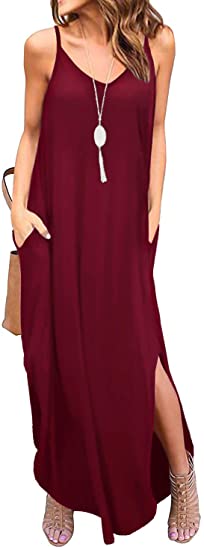 Photo 1 of Lveberw Womens Spaghetti Strap Maxi Dresses Pockets Cami Long Dress Cotton Lounge Dress Beach Cozy Nightgown Casual Loose (Wine Red, M)