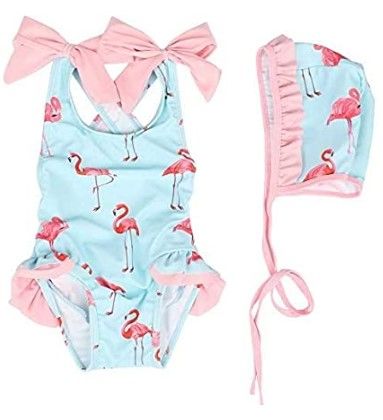 Photo 1 of 2-3T Baby Girl Flamingo Swimsuit Cute One Piece Swimwear with Swim Hat for 6 Month Baby - 6T Toddler Kid
