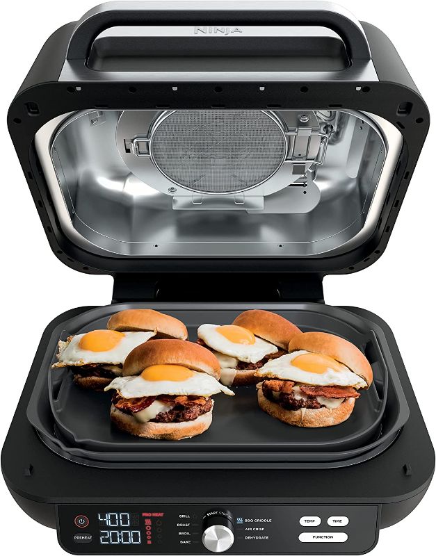 Photo 1 of Ninja IG601 Foodi XL 7-in-1 Indoor Grill Combo, use Opened or Closed, Air Fry, Dehydrate & More, Pro Power Grate, Flat Top Griddle, Crisper, Black, 4 Quarts
