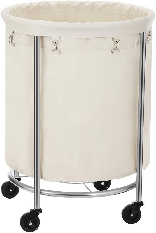 View 1 of SONGMICS Laundry Basket with Wheels, Rolling Laundry Hamper, Round Laundry Cart with Steel Frame and Removable Bag, 4 Casters and 2 Brakes, Cream and Silver URLS01MZ
