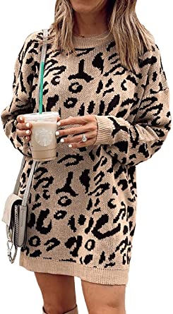 Photo 1 of LARGE Women’s Casual Leopard Print Long Sleeve Crew Neck Knitted Oversized Pullover Sweaters Tops