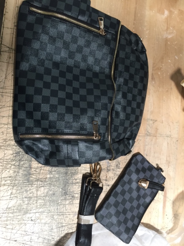 Photo 1 of GREY CHECKERED WOMENS BACKPACK PURSE WITH CHANGE WALLET.
