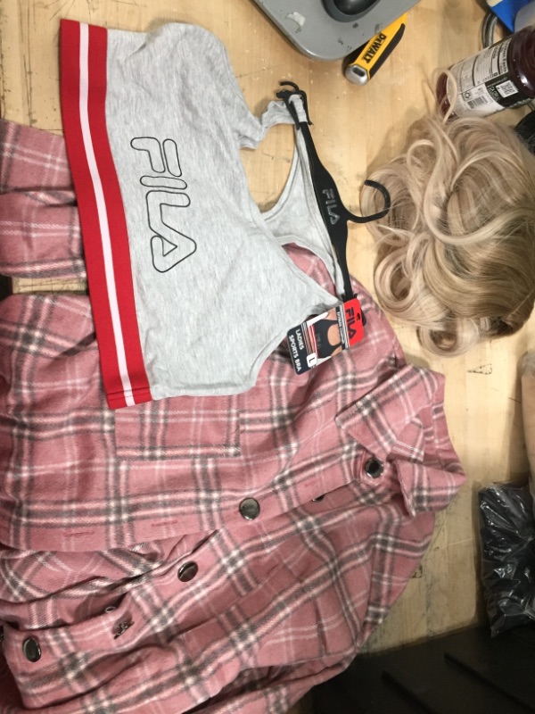 Photo 1 of Bundle 
Womens apparel Pink Long Sleeve Shirt Medium,Wig Blonde, Sports bra grey Large