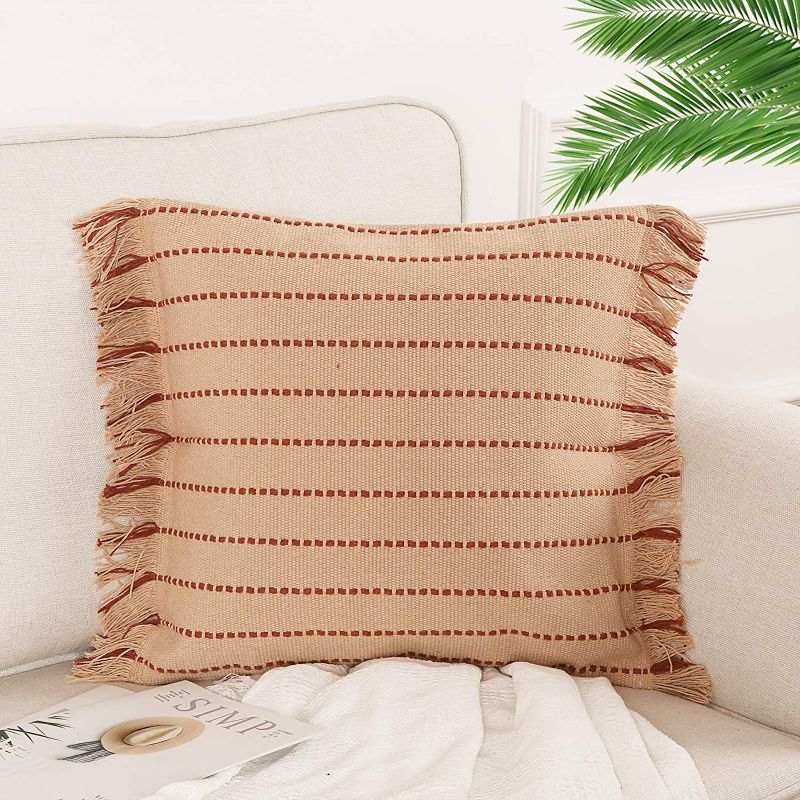 Photo 1 of 5 PACKS Fall Pillow Covers, Ailsan Farmhouse Throw Pillow Covers 18x18 Orange Tassels Decorative Pillow Covers Cotton Hand Woven Striped Pillow Case Halloween Christmas Pillowcase for Sofa Couch Bed Decor
