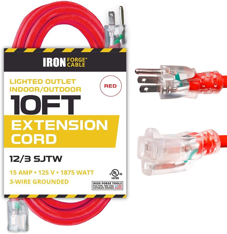 Photo 1 of 10 Ft Lighted Outdoor Extension Cord - 12/3 SJTW Heavy Duty Red Extension Cable with 3 Prong Grounded Plug for Safety - Great for Garden & Major Appliances
