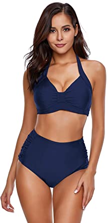 Photo 1 of luvamia Women's Halter Self Tie Ruched High Waist Two Piece Bikini Set Swimsuits XL 
