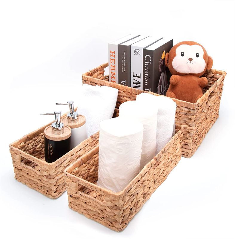 Photo 1 of AnDocK Hand-Woven Wicker Baskets, 2 Pack Water Hyacinth Woven Toilet Paper Storage Basket for Toilet Tank Top and 1 Pack Bathroom Storage Organizer Basket for Storing Bath Towel, Bathrobes, Blankets.
