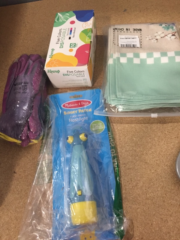 Photo 1 of **NOT REFUNDABLEW** BUNDLE OF ASSORTED HOME ITEMS (KIDS FLASHLIGHT, FACE MASK, GLOVES ETC..)