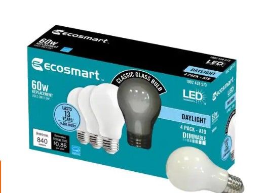 Photo 1 of 60-Watt Equivalent A19 Dimmable Energy Star Frosted Filament LED Light Bulb Daylight (4-Pack) - SET OF 2