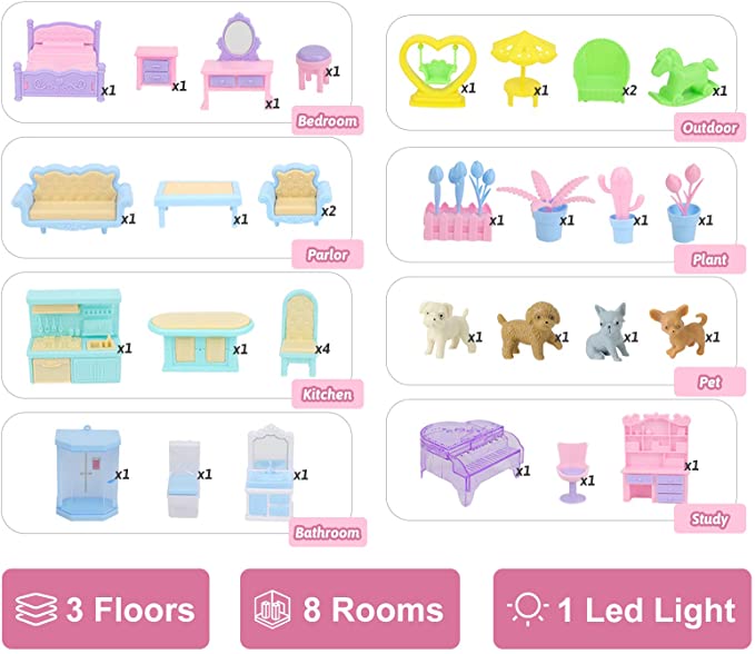 Photo 2 of Dollhouse, Dream House Kit with Led Luminous DIY Pretend Play Doll House Building Toys Playset Accessories with Furniture/Dolls/Pets/Slide for Toddlers Girls Best Gifts
