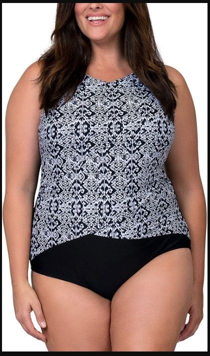 Photo 1 of Caribbean Sand Rouched Panel Front One Piece Bathing Suit Modest Plus Size Swimsuit for Women with Tummy Control 18W Black/White
