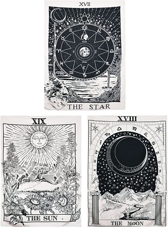 Photo 1 of BLEUM CADE Tarot Tapestry The Moon The Star The Sun Tapestry Medieval Europe Divination Tapestry Wall Hanging Tapestries Mysterious Wall Tapestry for Home Decor (Pack of 3, 59"×82", Sun & Moon & Star)
