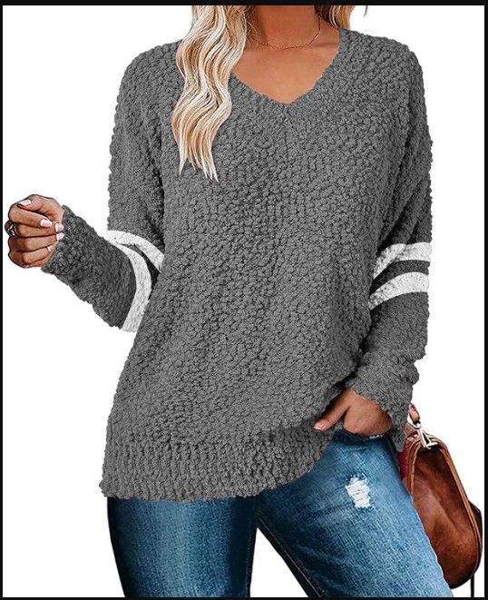 Photo 1 of Cnkwei Womens Long Sleeve Knitted Fuzzy Sweaters V-Neck Casual Jumper Pullover Tops-SM
GRAY
