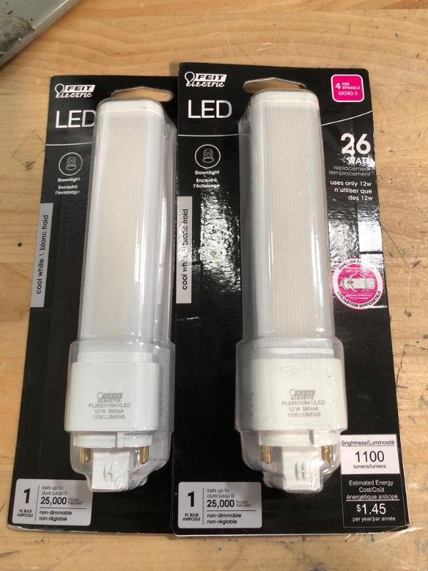 Photo 2 of ** SETS OF 2**
26-Watt Equivalent PL Horizontal CFLNI 4-Pin Plug-in GX24Q-3 Base CFL Replacement LED Light Bulb, Cool White 4100K
