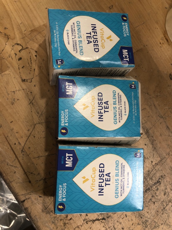 Photo 1 of ** EXP:02/27/2022**  ** NON-REFUNDABLE**  *** SOLD AS IS**   ** SETS OF 3**
VitaCup Genius Chai Keto Tea Bags with MCT Oil, Turmeric, & Vitamins B1, B5, B6, B9, B12, D3 for Energy and Focus in Sealed Single Serve Tea Sachet Bag, 14 CT
